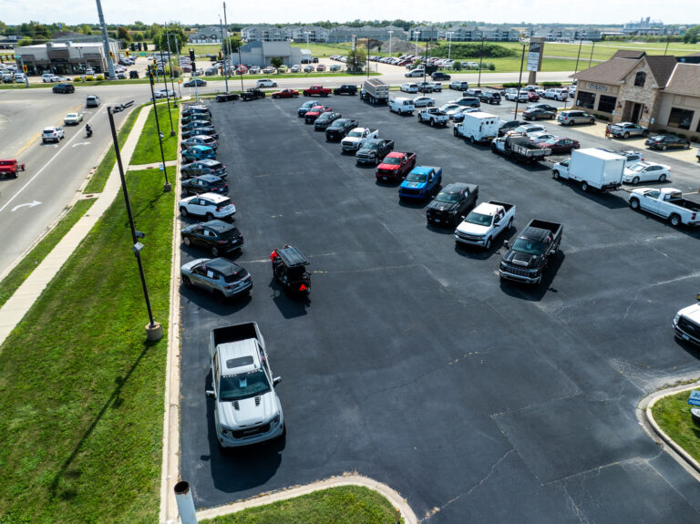 Aerial drone photo of the Smoky Jennings car dealership lot in Springfield, shot by Elevated Ideas